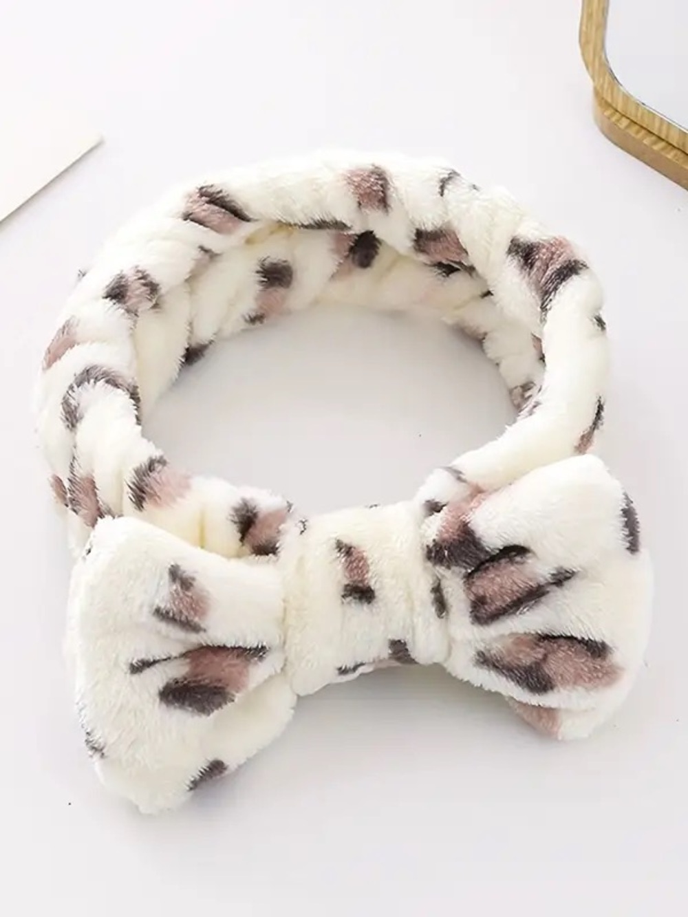 NEW Plush Leopard Print Bow Headband Cream and Brown